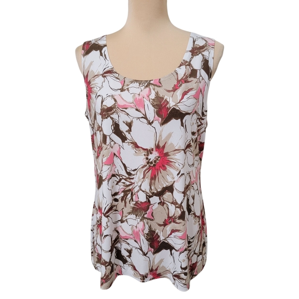 Easywear by Chico's Size 1 (M/8) White Brown and Pink Floral Sleeveless Top - Picture 1 of 10